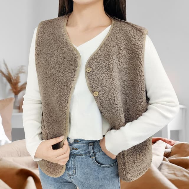 Detalle 2 de beifon Teddy Fleece Weste Damen – ärmellose Plüschweste mit V-Ausschnitt und Knöpfen für Herbst/Winter