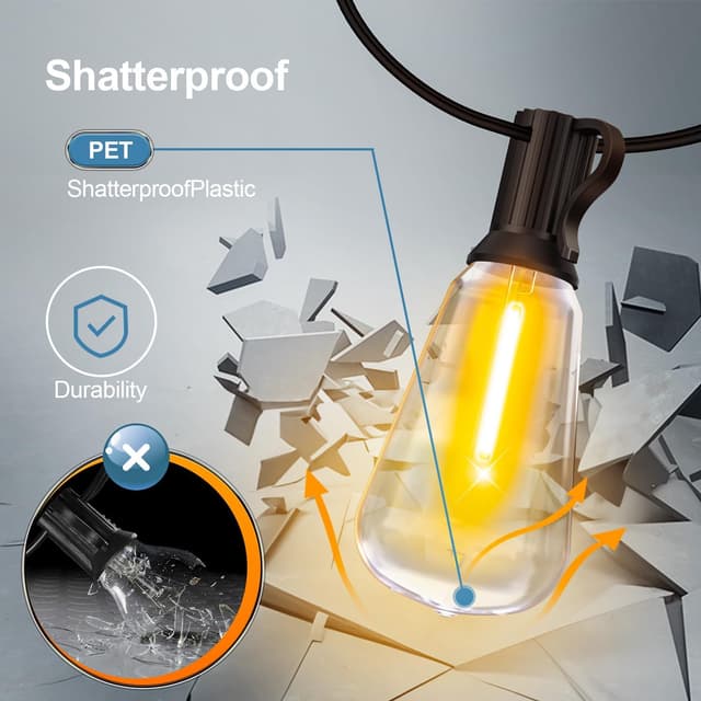 Detalle de Outdoor Lights String Patio Outside (100ft) LED Waterproof ST38 Shatterproof Edison Bulbs with Remote, Dimmable