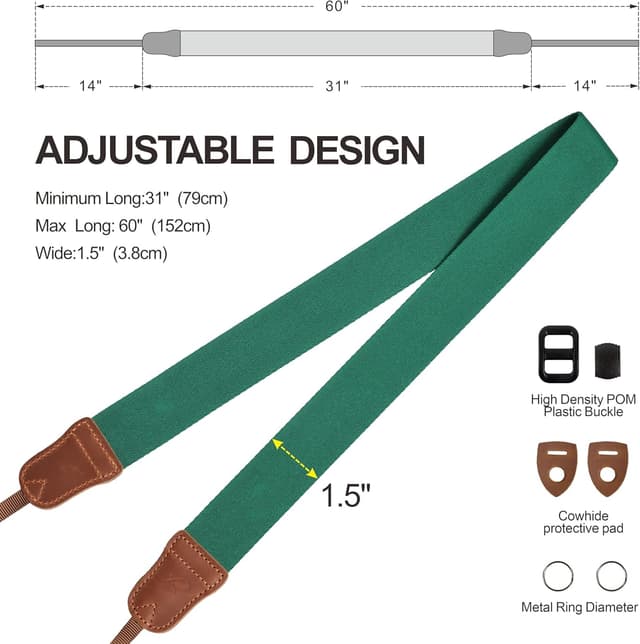 Thumbnail 6 de Padwa Lifestyle Green Double Layer Crazy Horse Cowhide Camera Strap (1.5" cotton woven) – Adjustable for DSLR & mirrorless