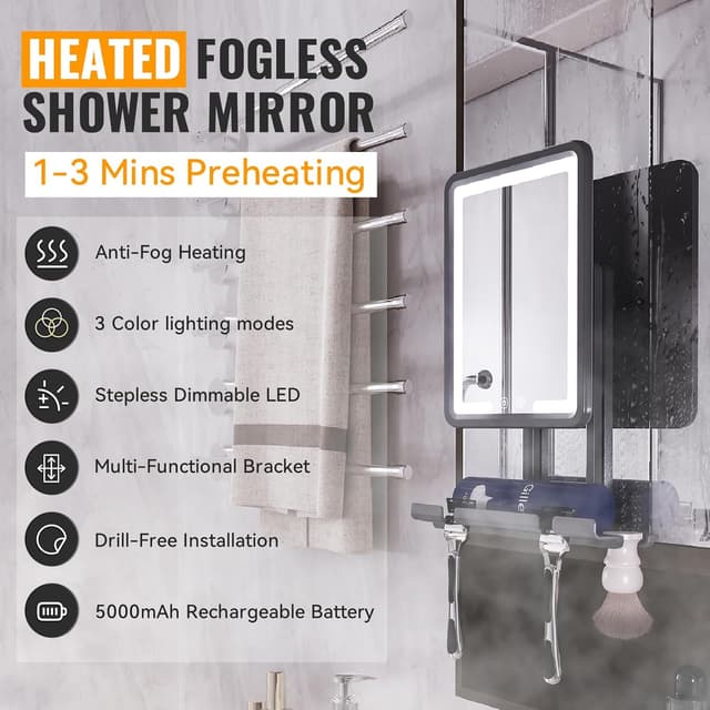 Detalle 2 de DeLanges Heated Fogless LED Shower Mirror with 3 Dimmable Lights, Rechargeable Battery & Drill-Free Mount