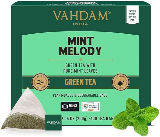 Detalle de VAHDAM Mint Melody Té Verde 🌿 100 Bolsitas de Menta Natural