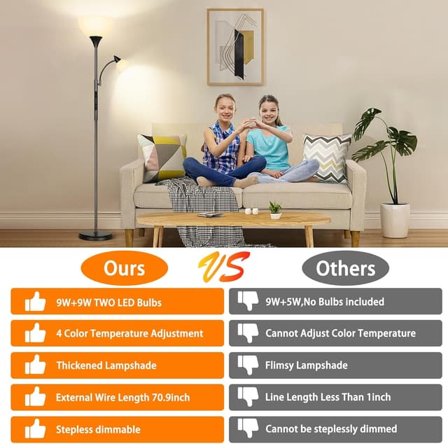 Detalle de OUTON Dimmable LED Floor Lamp with Touch Control, Remote & App (Uplighter + Reading Goose Neck) and 1-Hour Timer