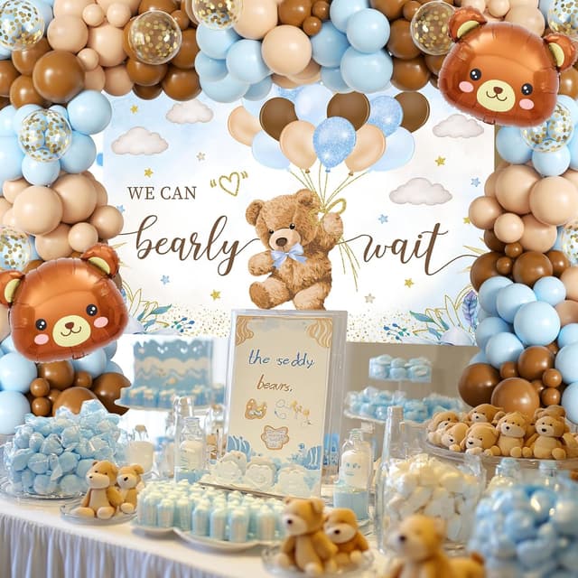 Detalle de Blue Bear Baby Shower Decorations for Boy (124pcs) — “We Can Bearly Wait” Backdrop, Balloon Set & Wood Grain Baby Boxes