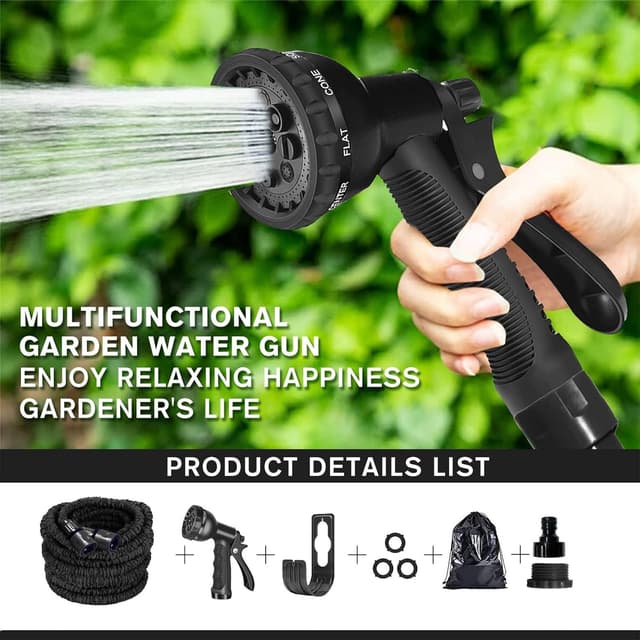 Detalle de Expandable Garden Hose Pipe (50FT) with 8-Function Spray Nozzle & 1/2", 3/4" Connectors