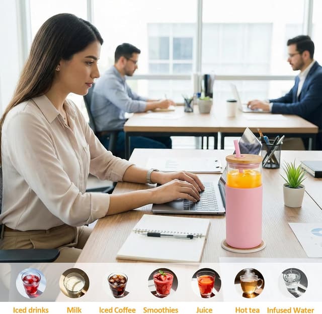 Detalle de Tronco 20 oz Glass Tumbler with Lid and Straw (2-Pack) — High Borosilicate Glass Cups, Bamboo Lids & Silicone Sleeve