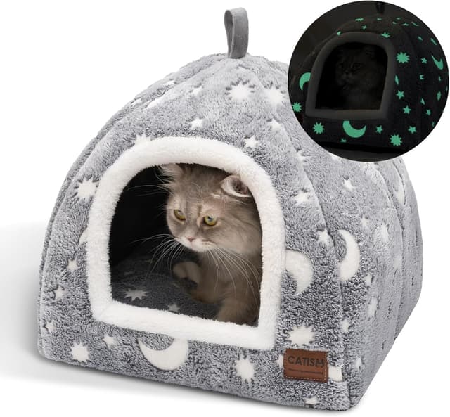 Detalle de CATISM Cat Bed Cave Grey Star & Moon, foldable indoor tent-style cat cave with removable washable cushion, 40 x 40 x 38cm