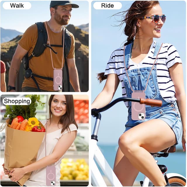 Thumbnail 6 de Custodia magnetica Coiwxmoi per iPhone 15 Plus con cordino regolabile e compatibilità MagSafe, rosa