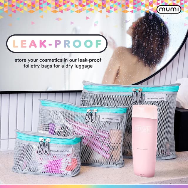 Detalle de MUMI Travel Toiletry Bag Set of 3 (Pink) — Clear, TSA-Approved Toiletry Pouches for Women