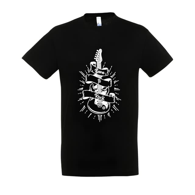 Detalle de T-shirt in cotone “Born to Rock” con stampa, con bottoncini sulla spalla (bambino, nero, 6m-18m e adulti)