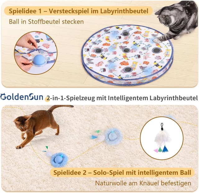 Detalle de GoldenSun Katzenspielzeug Bewegungs-Zwitscher-aktivierter Ball mit 5-Loch-Versteckspiel (blau)