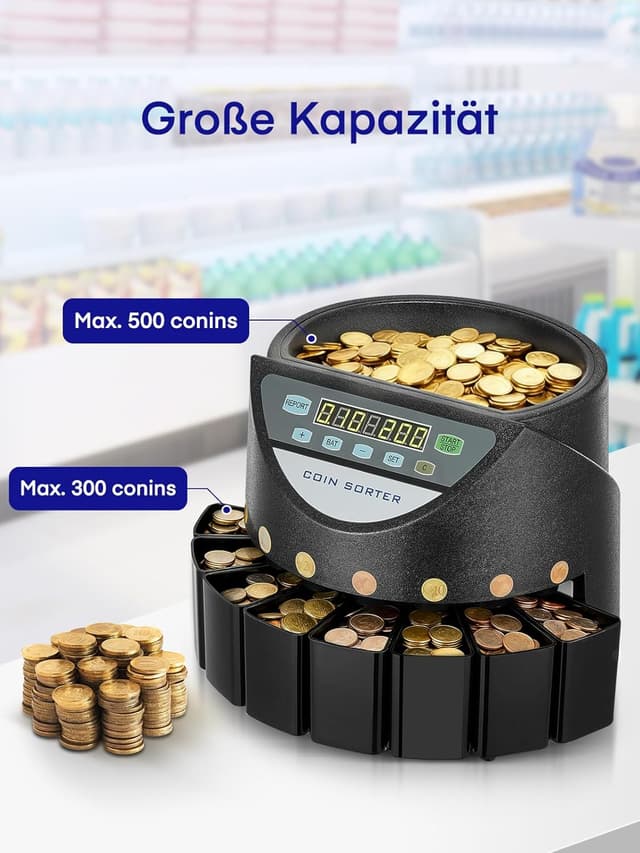 Detalle de Münzzähler Euro Sortierer (Münzen Zählmaschine) mit 8 Auffangboxen, 7‑stelliger LED-Anzeige – 800 Münzen Kapazität, schwarz