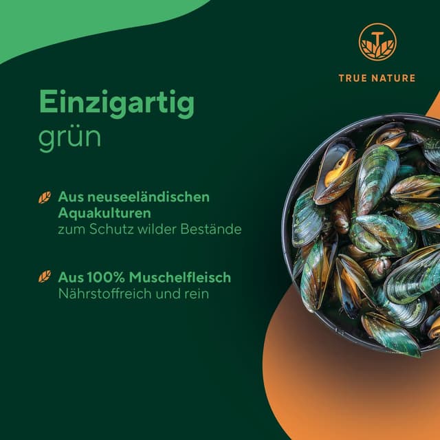 Detalle de Grünlippmuschel von TRUE NATURE® – 450 Kapseln (2000 mg Tagesdosis, gefriergetrocknet)