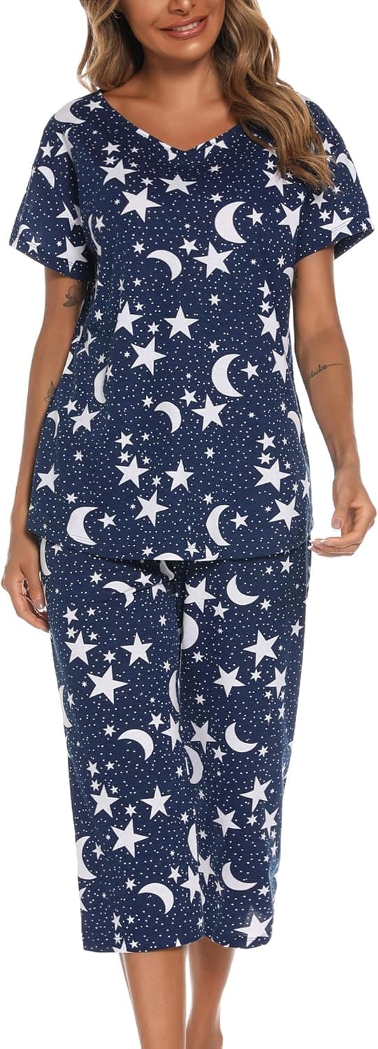 Detalle 2 de ENJOYNIGHT Women’s Cotton Pajama Set (Short-Sleeve V-Neck Top + Capri Pants)