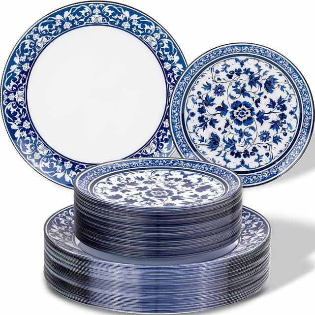 Detalle de Hioasis 60pcs Blue Plastic Plates Set (Blue & White Floral Porcelain Design) - 10.25" Dinner & 7.5" Dessert Plates