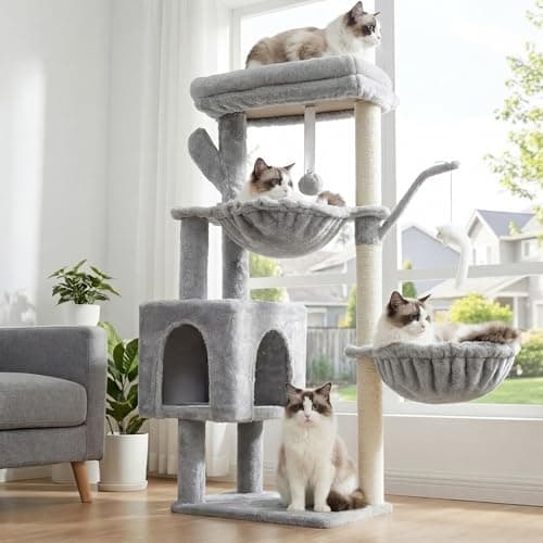 Detalle de Heybly HCT006SW: árbol rascador para gatos de 100 cm con plataforma grande, nido y 2 hamacas