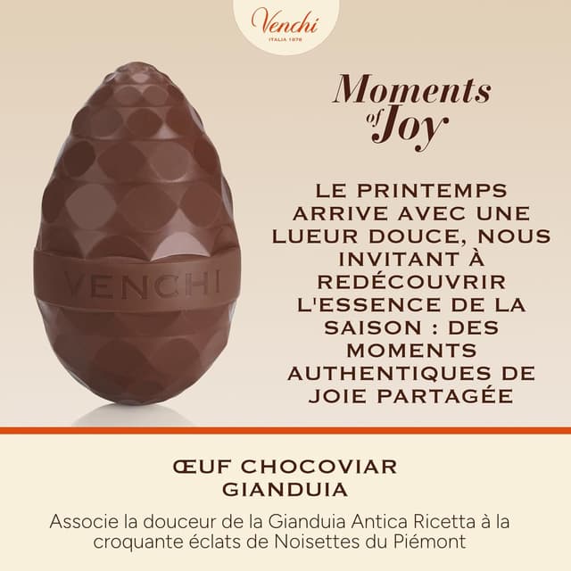 Detalle de Œuf au chocolat Venchi Chocoviar Gianduja aux éclats de « Noisettes du Piémont » (sans gluten), 330 g