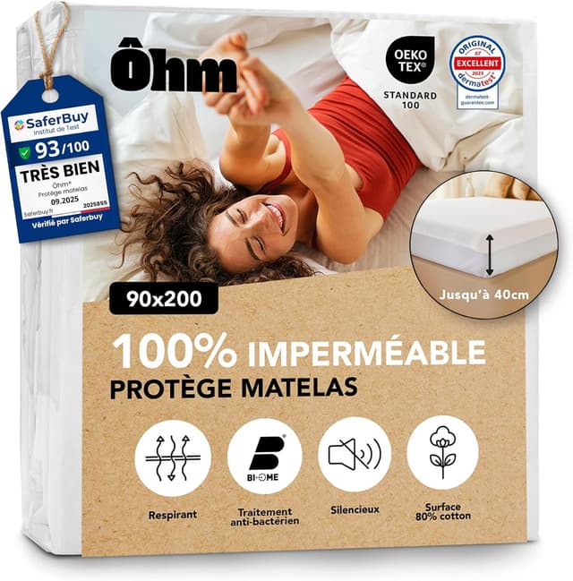 Detalle de Protège Matelas 90x200 cm Ôhm – Alèse imperméable en coton, anti-acariens et hypoallergénique
