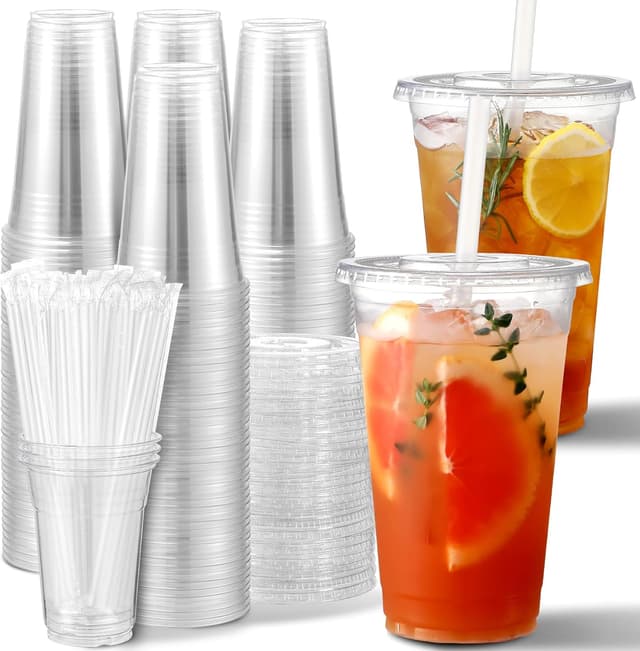 Detalle de AOZITA 20 oz Clear Plastic Cups Set (100) With Lids and Straws for Iced Drinks
