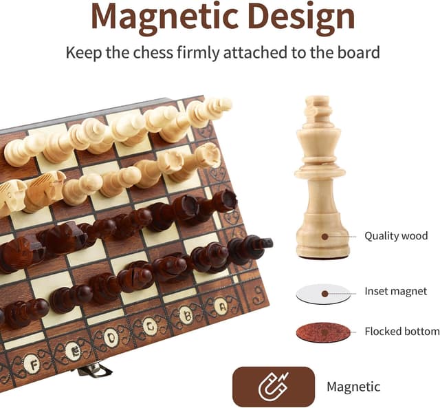 Detalle 2 de Scacchiera magnetica pieghevole in legno 3 in 1 (29x29 cm) per scacchi, dama e backgammon