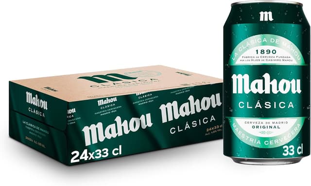 Detalle de Mahou Clásica Pack 28 latas de 33 cl (4,8% vol) – cerveza lager dorada de sabor suave