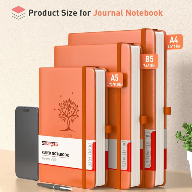Detalle de Smarpau 320 Pages College Ruled Notebook (B5, 19 x 25 cm) – Orange hardcover leather-style journal with index tabs