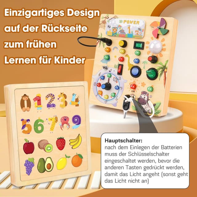 Detalle de MILFECH Montessori Busy Board aus Massivholz – Aktivitätsbrett mit 10 Schaltern und 17 LEDs