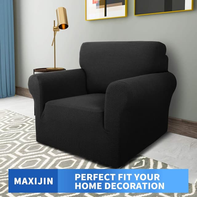 Detalle 2 de MAXIJIN Housse de chaise jacquard 1 place noire super extensible, antidérapante (avec accoudoirs)