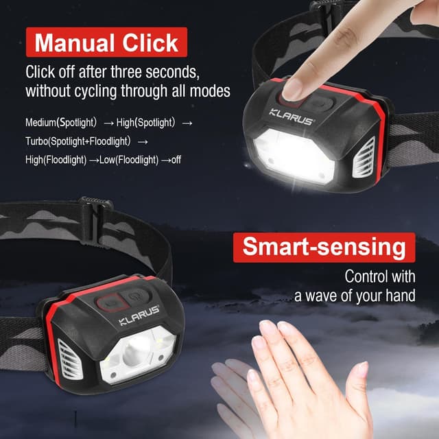 Detalle de Klarus HM1 Stirnlampe mit 440 Lumen, wiederaufladbar und Gestensensor