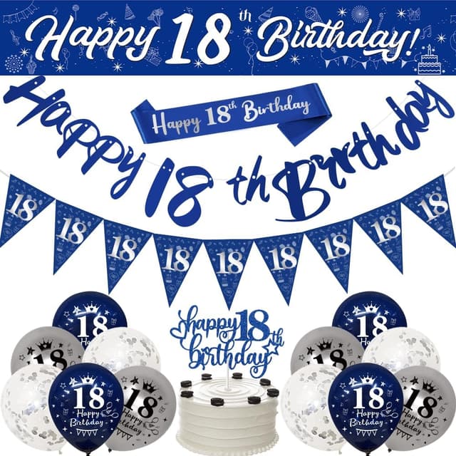 Detalle de Yontree 18th Birthday Decorations – Blue & Silver Banners, Triangle Flags, Cake Toppers & More for Him
