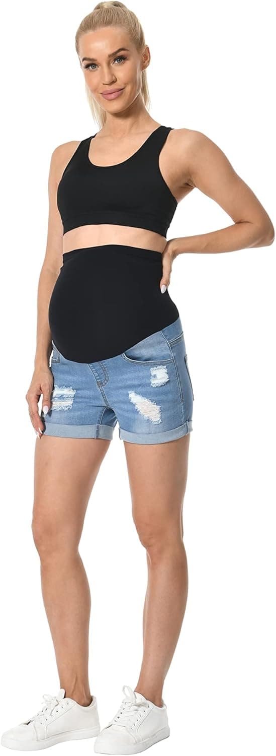 Detalle 2 de V VOCNI Maternity Denim Shorts with High Waist & Distressed Cuffed Hem