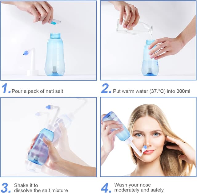 Detalle 2 de URAQT Neti Pot 300 ml: kit per lavaggio nasale con 20 pacchetti di sale e 10 termometri