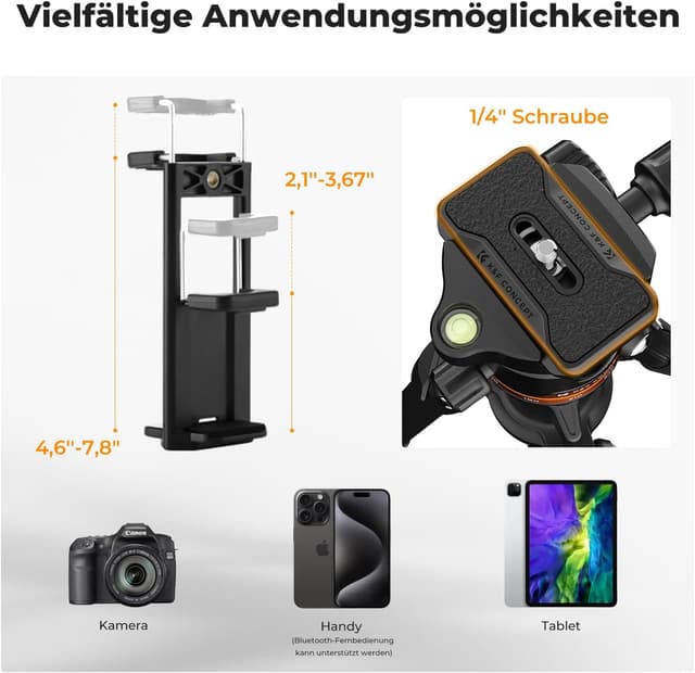 Detalle 1 de K&F CONCEPT Handy-Stativ O275A5+BH-36 – Kamerastativ mit Handyhalterung, 192 cm und Bluetooth-Fernauslöser