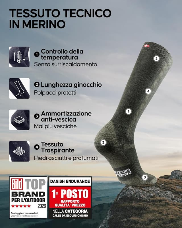 Detalle de DANISH ENDURANCE Calze lunghe trekking in lana merino con effetto anti-vesciche (1 o 3 paia) da uomo e donna