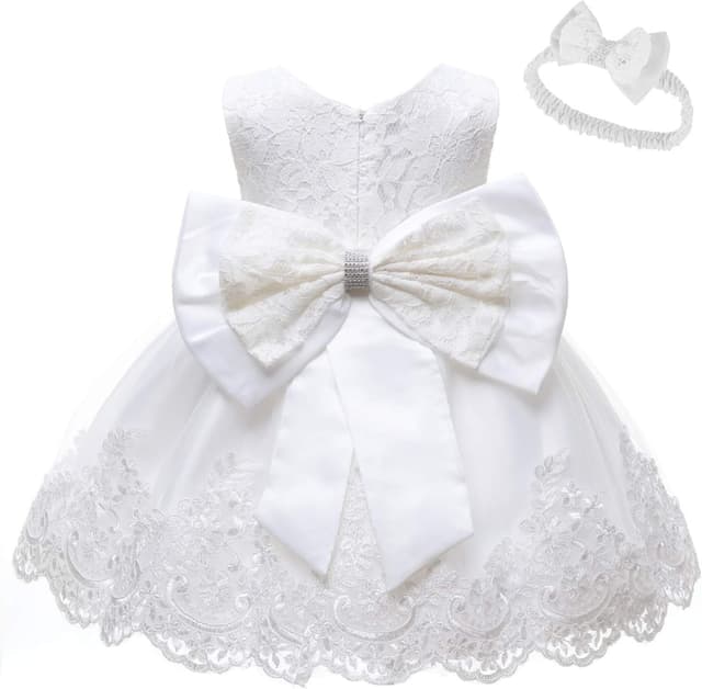Detalle de LZH Baby Girls Ruffle Lace Backless Dress with Headwear & Bowknot (Pageant, Wedding & Party)