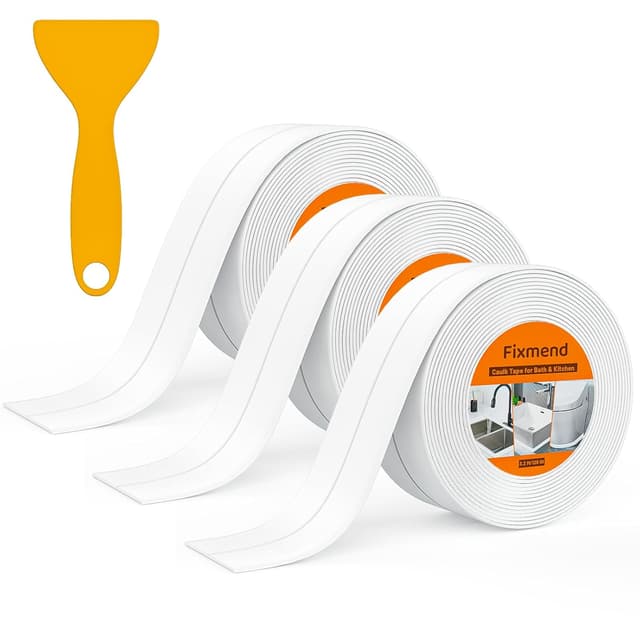 Detalle de Fixmend 3 Rolls Bath Sealant Strip Self-Adhesive Waterproof Tape (126in, White) with Sealing Tool