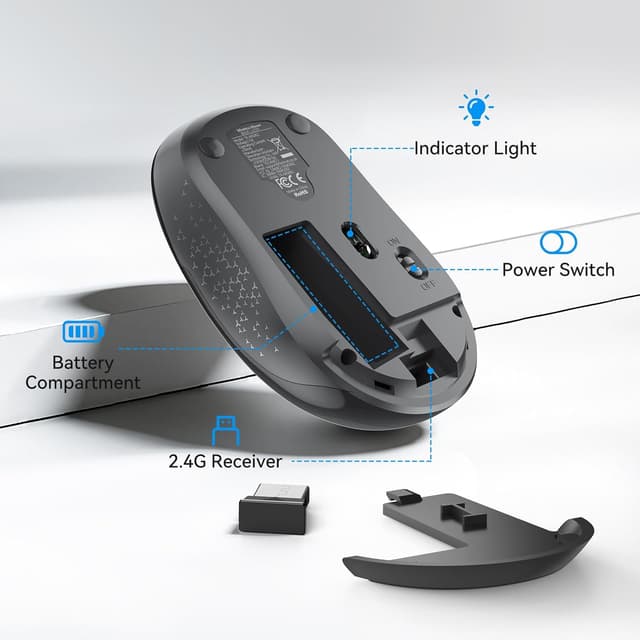 Thumbnail 6 de TECKNET Wireless Mouse (2.4GHz, USB receiver) – 3-level 1600 DPI, silent buttons, ambidextrous, £-friendly everyday pick in grey