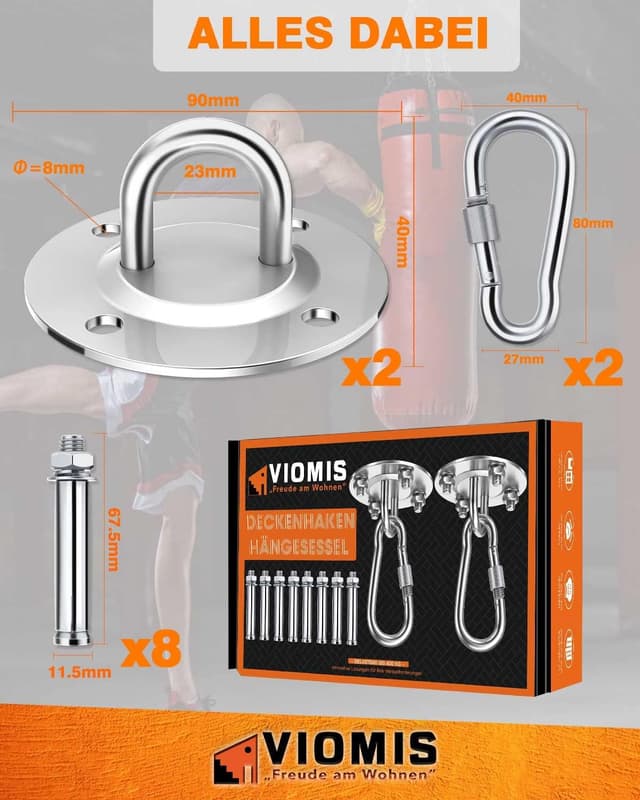Detalle de Viomis Edelstahl Deckenhaken für Boxsäcke – 2er-Set, Tragkraft bis 400 kg