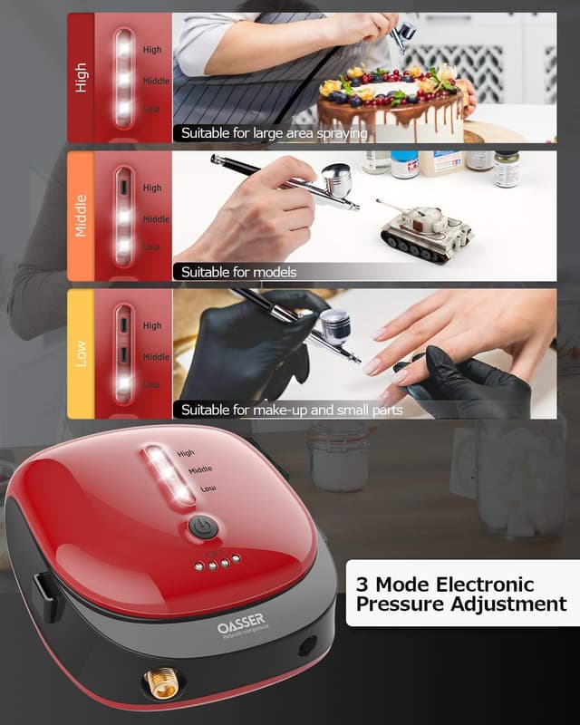 Detalle 2 de Oasser Dual Action Airbrush Compressor Kit with Rechargeable 1000mAh Battery (0.3mm nozzle, 3 pressure modes)