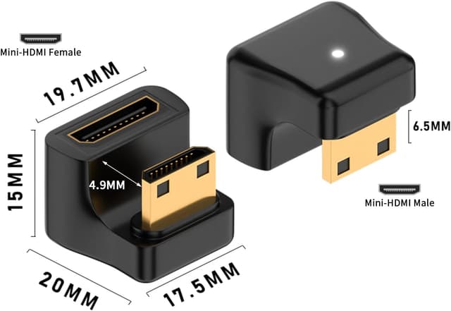 Detalle 2 de Duttek 8K U-Shape Mini-HDMI-Adapter (180° nach oben) mit LED, 48 Gbps, Mini-HDMI Male auf Female – 2er Pack