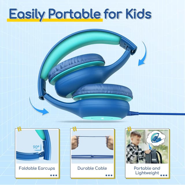 Detalle de EarFun Kids Wired Foldable Headphones (85dB volume limiter) – Blue Green