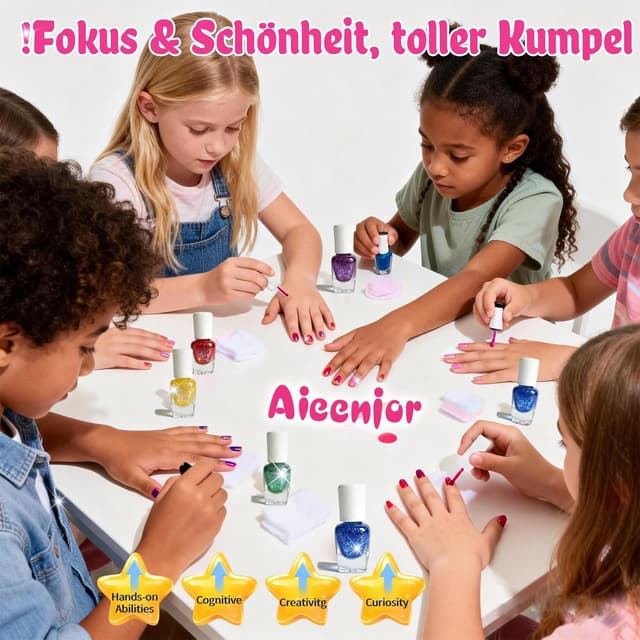 Detalle 2 de Aieenjor Kinder-Glitzer-Nagellack-Set (6 Farben) ab 3 Jahren – wasserlöslich & abziehbar