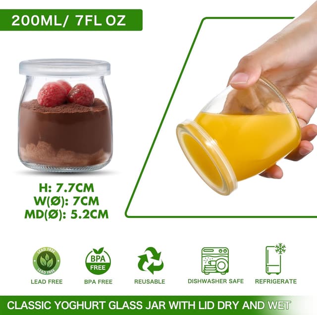 Detalle 2 de Danmu Art 200ml Yogurt Pudding Glass Jars (6 pack) with Plastic Lids