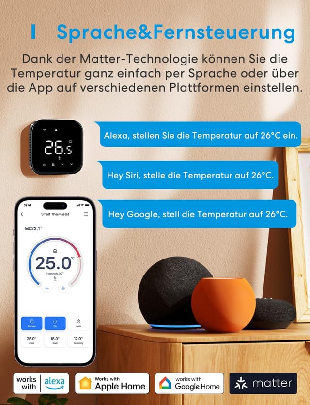 Detalle de meross Smart Thermostat (Matter) WLAN für Fußbodenheizung & Boiler – digitaler Heizungsthermostat