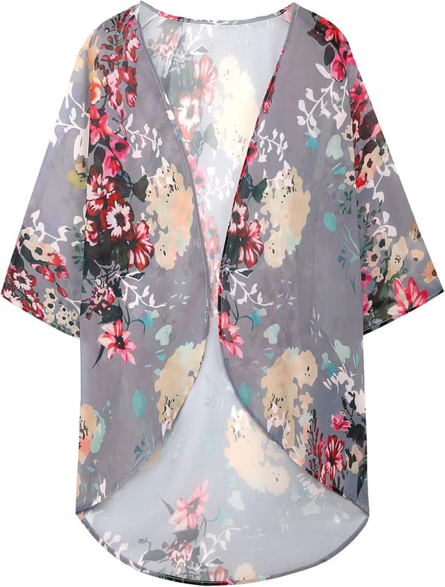 Detalle de Women’s Floral Print Puff Sleeve Kimono Cardigan Chiffon Cover-Up (Loose, Open Front)