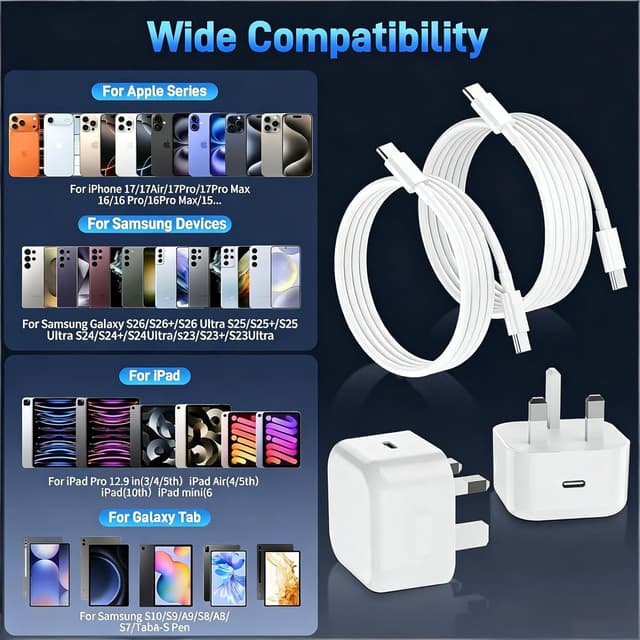 Detalle de 20W USB-C Fast Charger Plug (iPhone 17/16/15) with 1M+2M USB-C to USB-C Cable – UK Power Adapter