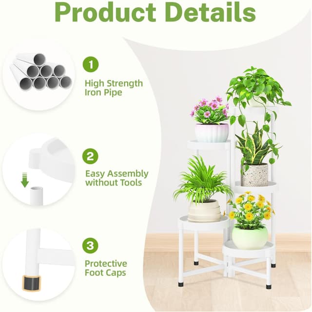 Detalle de iDavosic.ly Pflanzenständer Metall & Kunststoff mit 5 Ebenen (weiß) – Blumenregal für Balkon, Terrasse & Wohnzimmer