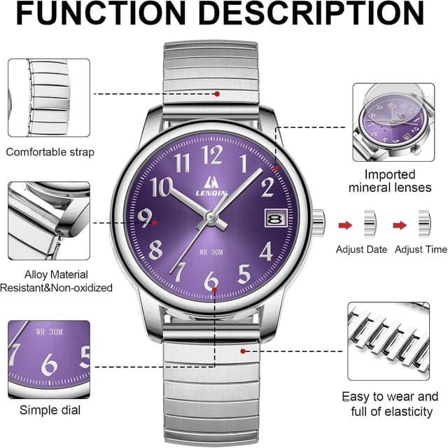 Detalle de LN LENQIN orologio da donna analogico al quarzo in acciaio, impermeabile 3 ATM, cinturino espandibile