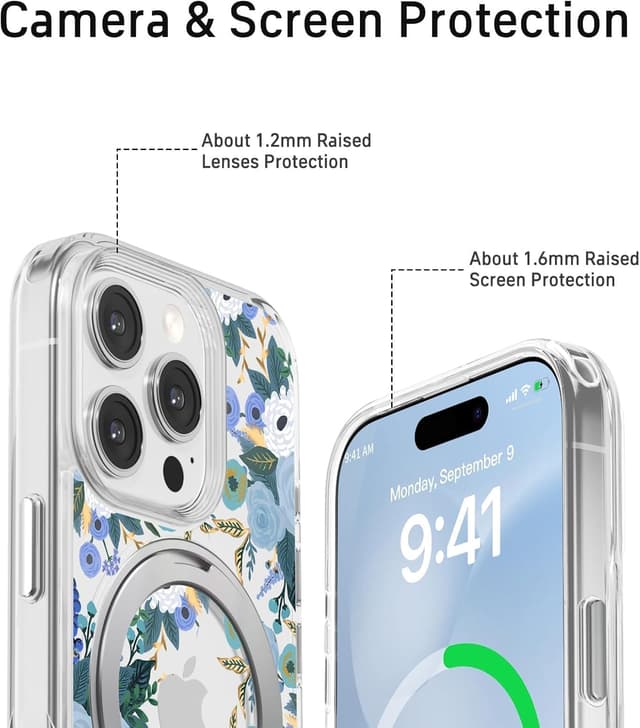 Detalle 2 de FEWGEY iPhone 16 Pro Max Case with MagSafe Ring & 360° Kickstand (Clear Floral, Shock-Protection)