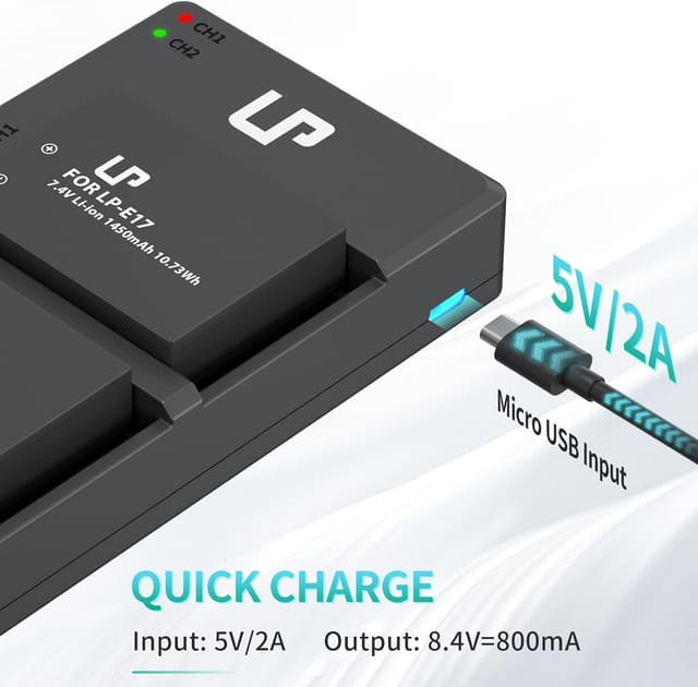 Detalle de LP LP-E17 Battery Charger Pack (2-Pack 1450mAh) with Dual Slot Charger for compatible LP-E17 DSLR cameras