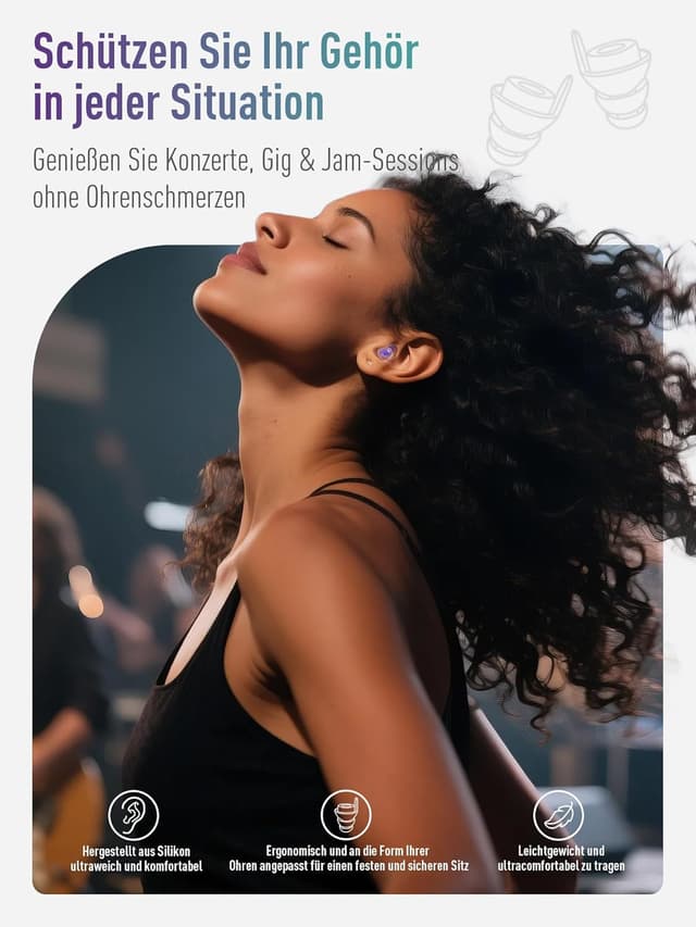 Detalle de Hearprotek Music – 2 Paar Gehörschutz-Ohrstöpsel aus Silikon mit Kordel (violett) für Musiker, Festival & Arbeit